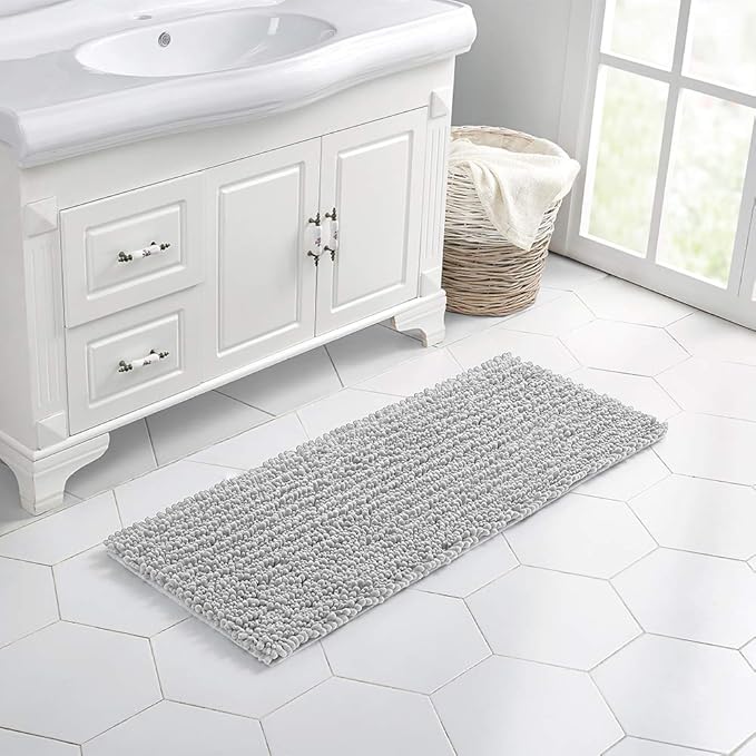 Walensee Bathroom Rug Non Slip Bath Mat (44x24 Inch Light Grey) Water Absorbent Super Soft Shaggy Chenille Machine Washable Dry Extra Thick Perfect Absorbant Best Large Plush Carpet for Shower Floor