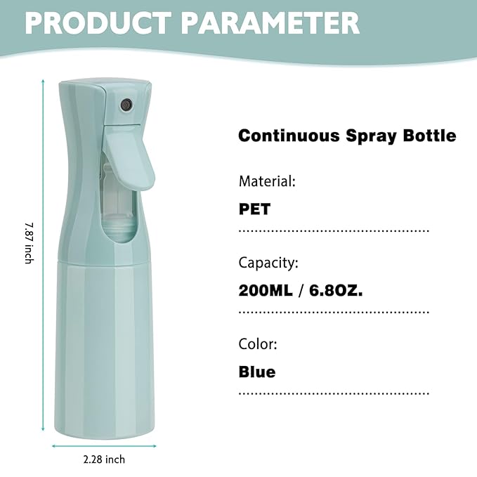 Continuous Mist Spray Bottle for Hair, Face & Plants (6.8oz/200ml) - Ultra Fine Travel-Size Water Mister for Salons, Cleaning, Pets & Skincare Leakproof Design
