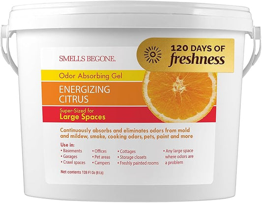 SMELLS BEGONE 1-Gallon Odor Absorber Gel - Air Freshener & Odor Eliminator for Homes, Garages & Commercial Buildings - Industrial Size - Energizing Citrus Scent