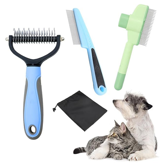 3 Pcs Flea Comb For Cats Dogs Self Cleaning Pet Hair Removal Tool Flea Lice Comb Grooming Brush For Shedding Indoor Kittens With Release Button Long And Short Stainless Steel Metal Teeth.