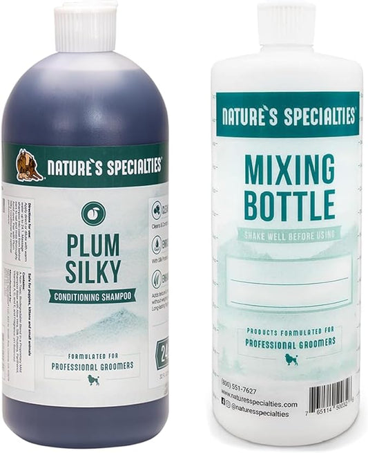 Nature's Specialties Mixing Bottle and Dog Shampoo Concentrate Bundle, Easy to Read Measurements Mixing Bottle 32 oz, Plum Silky Dog Shampoo Conditioner Concentrate 32 oz