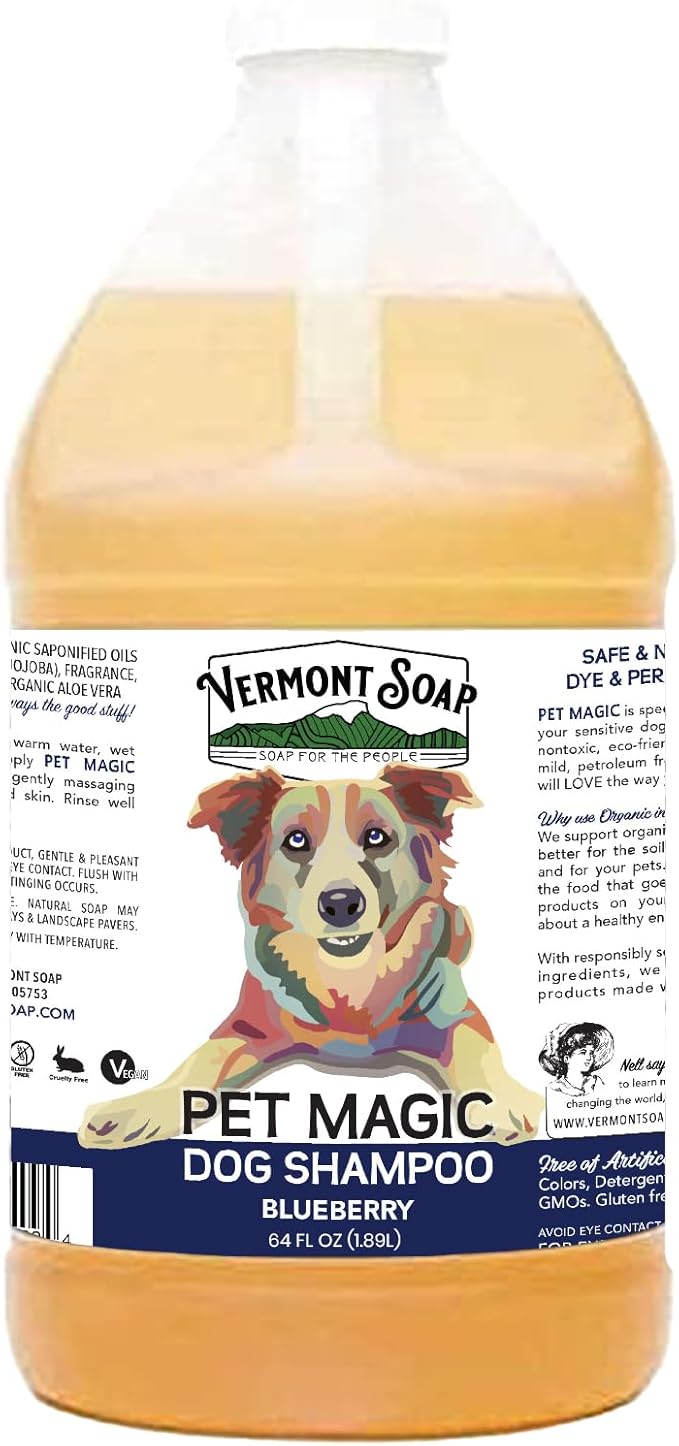 VERMONT SOAP Organics Pet Shampoo - Infused with Organic & Natural Olive Oil, Coconut & Aloe Vera Dog Shampoo for Sensitive Skin - USDA Certified Grooming, Blueberry (64oz)
