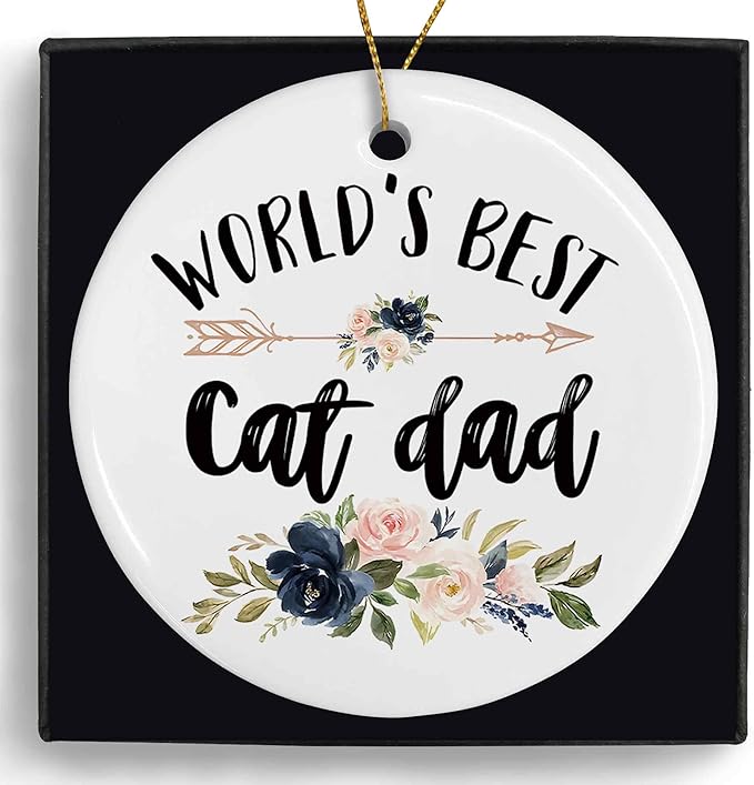 World's Best Cat Dad Ceramic Ornaments Gifts, Cat Father Round Hanging Ornament Decor Decorations for Christmas Tree Car, Thank You Appreciation Gifts for Cat Lovers Men Birthday Holiday