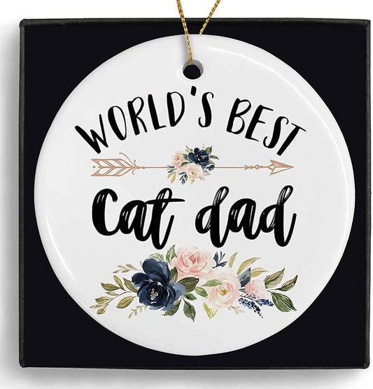 World's Best Cat Dad Ceramic Ornaments Gifts, Cat Father Round Hanging Ornament Decor Decorations for Christmas Tree Car, Thank You Appreciation Gifts for Cat Lovers Men Birthday Holiday