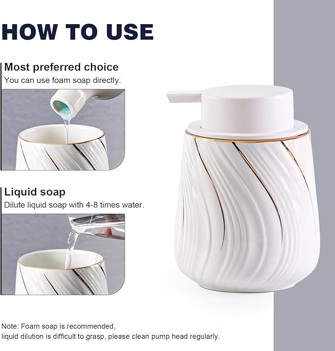 Foam Hand Soap Dispenser - 13.5 oz Ceramic foaming Hand soap Dispenser with Easy-to-Press Pump for Bathroom refillable Liquid Hand soap Dispenser (Foam-White with Gold Thread)