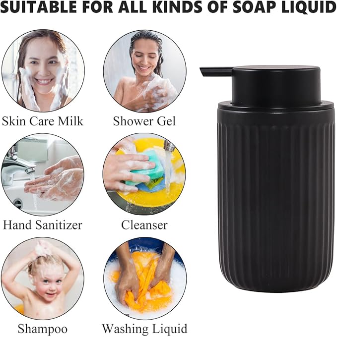 Black Soap Dispenser Set- Modern Ceramic Hand Dish Soap Dispenser for Bathroom Refillable Liquid Hand Soap Dispenser with Soap Pump for Lotion Soap for Farmhouse Kitchen Decor Dish 2 Pack