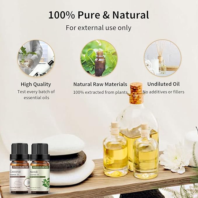 GREENSLEEVES Neroli and Cocconut Essential Oil Set, 2 x 10ml Pure Plant-Based Fragrance Oil for Aromatherapy, Essential Oils for Diffuser, Massage, Bath Bomb, Scented Candle Soap Making