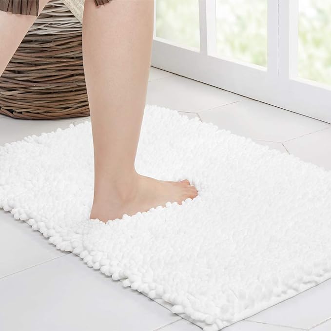 Walensee Bathroom Rug Non Slip Bath Mat (44x24 Inch White) Water Absorbent Super Soft Shaggy Chenille Machine Washable Dry Extra Thick Perfect Absorbant Best Large Plush Carpet for Shower Floor