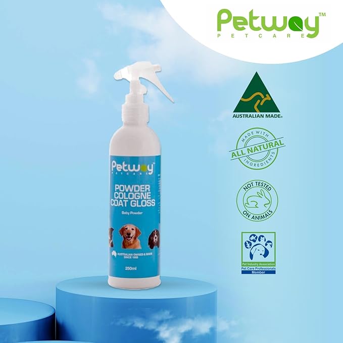 Petway Petcare Powder Cologne Coat Gloss – Natural Cosmetic Dog cologne spray, Dog Show Gloss with a Soft Baby Powder Fragrance, Pet Odour Eliminator and Dog Grooming Spray– 250ml