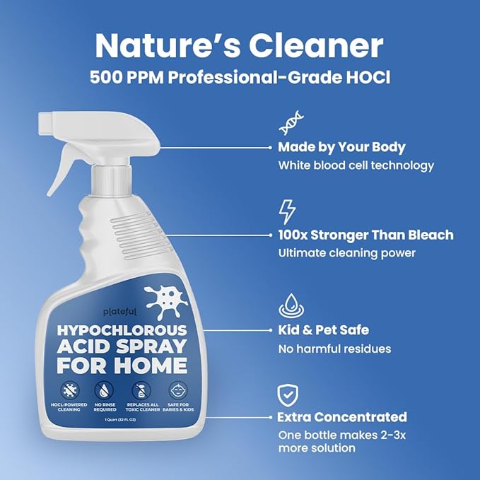 Plateful Hypochlorous Acid Spray for Home (1 Quart) – HOCl Multi-Surface Cleaning Spray, Everyday Household Cleaner, Gentle Formula, Residue-Free, Made in the USA