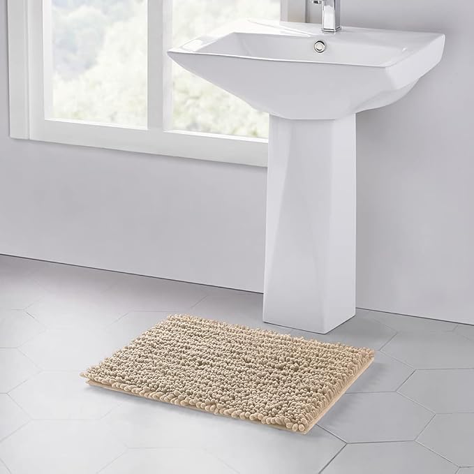 Walensee Bathroom Rug Non Slip Bath Mat (24x17 Inch Beige) Water Absorbent Super Soft Shaggy Chenille Machine Washable Dry Extra Thick Perfect Absorbant Best Small Plush Carpet for Shower Floor