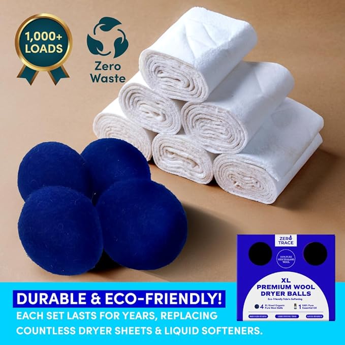Zero Trace Wool Dryer Balls - Dryer Balls Laundry Reusable - Eliminate Wrinkles Static & Lint – Cruelty Free & Non-Toxic - Laundry Balls for Dryer -Fabric Softener Ball – Wool Balls with Fragrance Oil