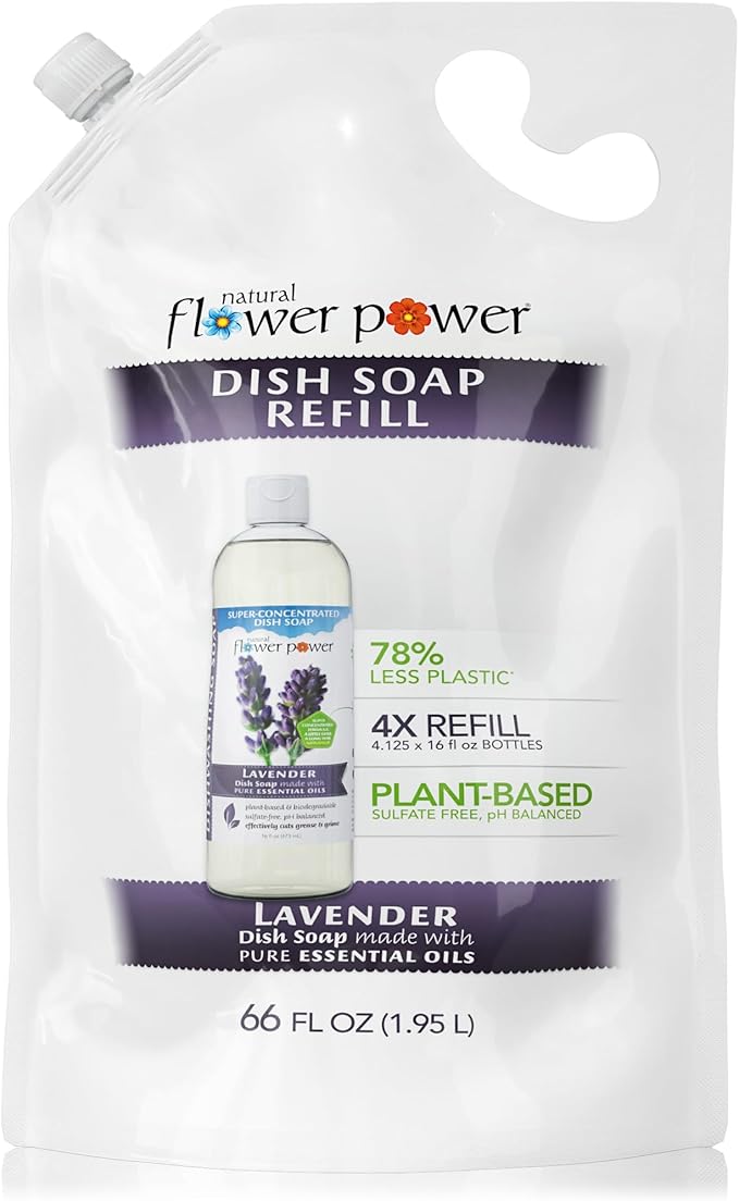 Natural Flower Power Liquid Dish Soap Refill – 66 Fl Oz Refills 4X – Plant-Based & Scented w/Pure Essential Oils – Natural Dishwashing Detergent – Sulfate-Free Kitchen Soap (Lavender)