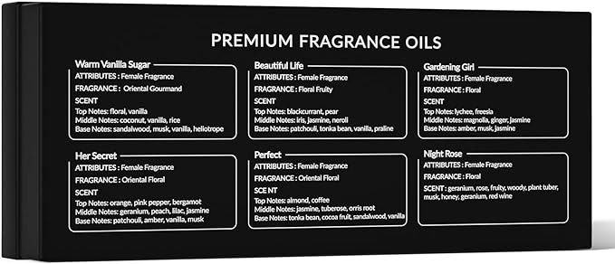 HIQILI Women Fragrance Oil 6x10ml, Essential Oils for Candle Scents Soap Making & Diffuser, Sweet Flowers Scented Oil Set for Aromatherapy Slime Wax Home Car