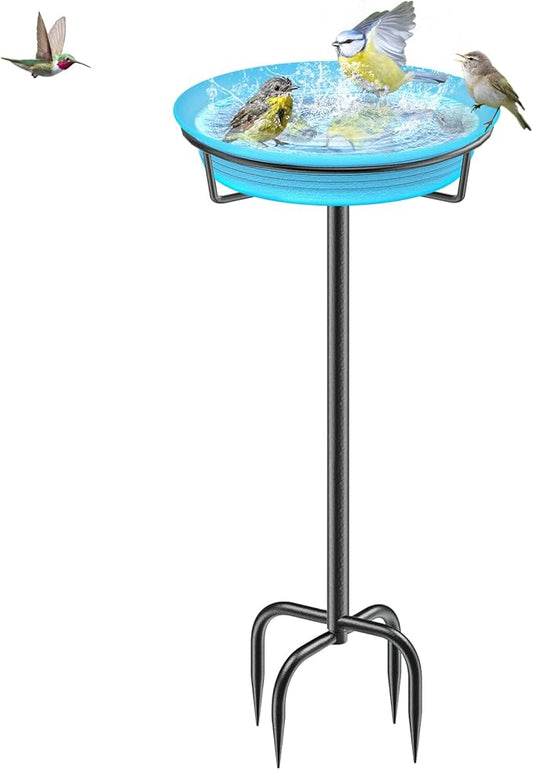 35.5In Freestanding Birdbaths Bowl Outdoor, Free Standing Garden Bird Bath Bird Feeder Bowl with Metal Stake, Detachable Decoration Spa Birdfeeder for Garden Patio Yard Lawn, 4 Spiky Feet (Blue)