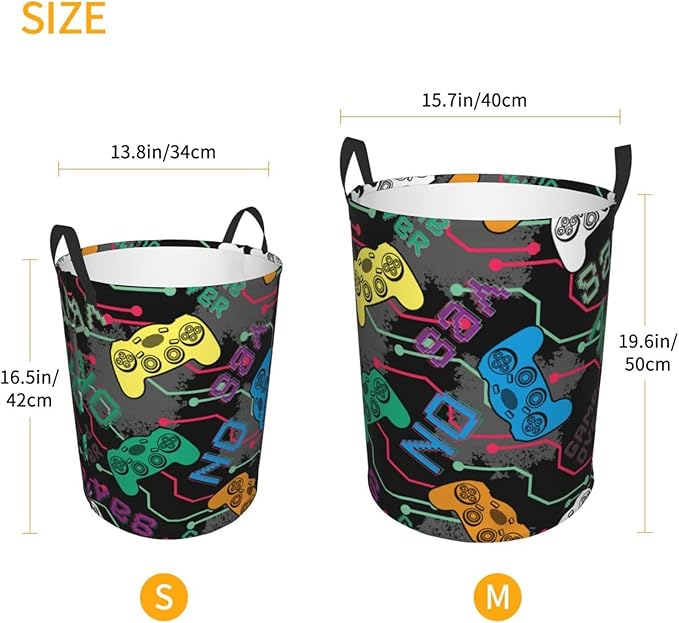 Colorful Game Joysticks Laundry Hamper Bag, Video Game Controller Background Round Laundry Basket Foldable Clothes Storage Organizer For Bathroom Bedroom Nursery Dorm, S-16.5"X 13.8"
