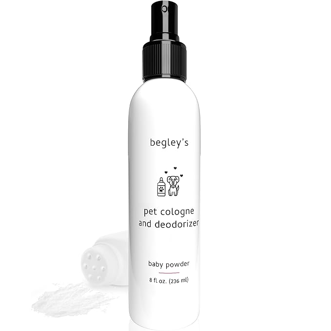 Begley's Pet Cologne and Deodorizer - Premium Essential Oil Dog Perfume Spray Long Lasting and Pet Odor Eliminator - Cat Perfume and Dog Cologne Spray - Baby Powder - 8 oz