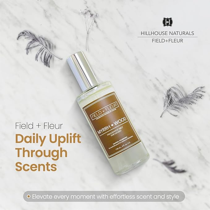 FIELD FLEUR Natural Room and Linen Spray, Non-Toxic Fragrance Mist With With Scents of Earthy Patchouli, warm amber & sandalwood – Long-Lasting Room Spray for Home– Made in USA, 4oz – Myrrh Wood