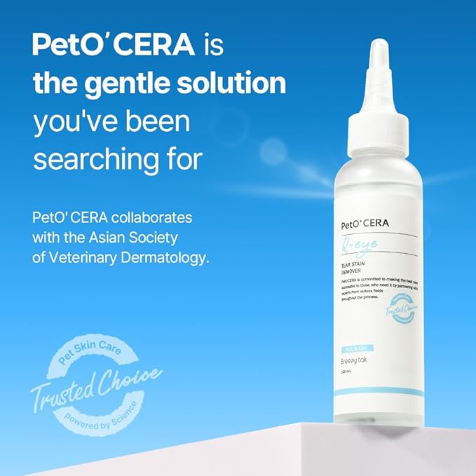 Breezytail PetO’Cera Q-Eye, Tear Stain Remover for Dogs and Cats, Removes Discharge, Dirt, Crust, Mucus, Soothes, Deodorizes, Vet Approved, Hypoallergenic Eye Cleaner (4 fl oz/120ml)