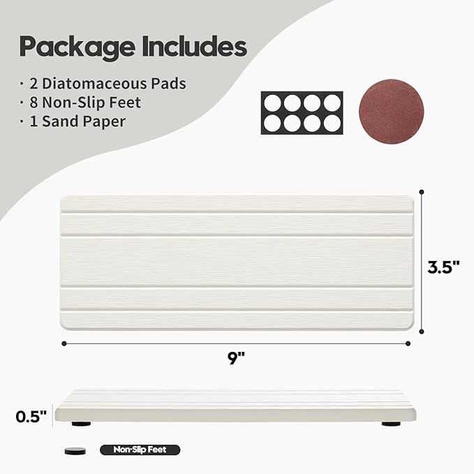 2PCS Diatomite Quick Stone Drying Tray Mat for Bathroom & Kitchen Counter, Instant Dry Water Absorbent Drink Bar Coaster,Vanity Sink Caddy Organizer,Dish Soap Sponge Holder, White,9"x3.5"