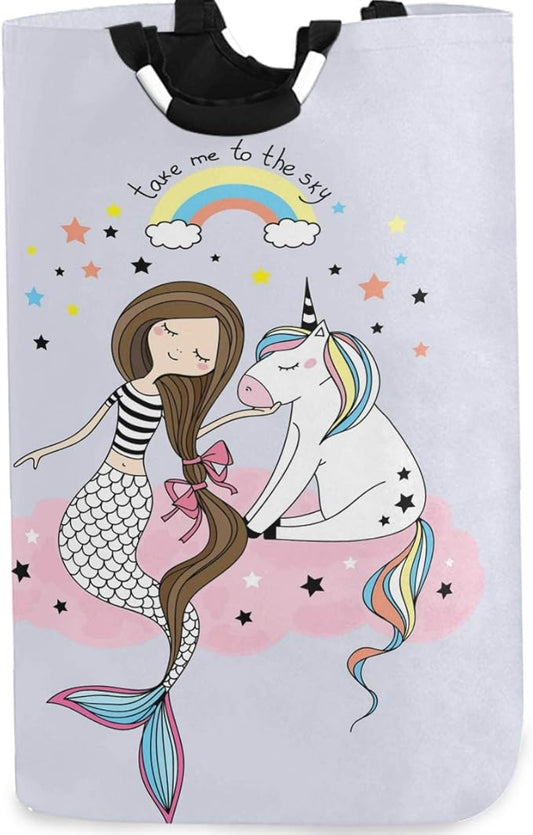 visesunny Unicon Mermaid Rainbow Large Laundry Bag Collapsible Oxford Fabric Laundry Hamper Foldable Portable Dirty Clothes Laundry Basket with Handles Waterproof Washing Bin Laundry Tote Bag