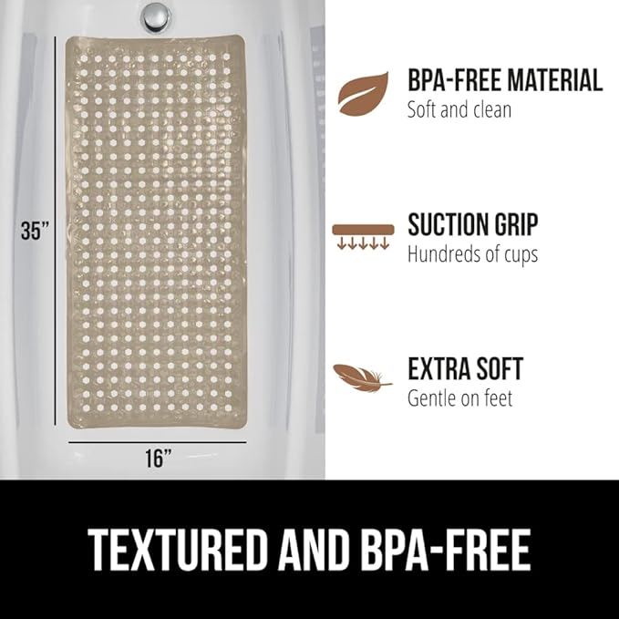 GORILLA GRIP Patented Bath Tub Shower Mat, Machine Washable Bathtub Floor Liner Mats, Suction Cups and Drain Holes to Keep Tubs Clean, Soft on Feet, Bathroom Essentials, 35x16 Inch, Beige
