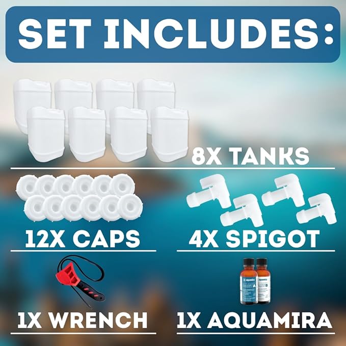 5-Gallon Stackable Water Storage Containers, Water Treatment,5 Gallons w/ 12Lids + 4 Spigot, Easy Fill, Survial Supply Emergency Water Storage for Disaster Preparedness, 40 Gallon (8 Tanks)