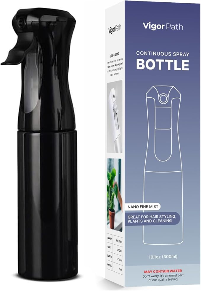 VIGOR PATH Continuous Spray Bottle for Hair – Fine Mist Mister for Hairstyling, Cleaning, Plants, Pets, Barbers, Salons, and Essential Oil Applications (300ml/10.1 oz) Black