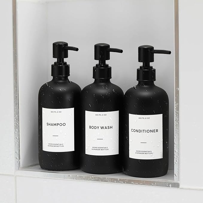HOMCDALY Shampoo and Conditioner Dispenser, 21oz 3-Pack Refillable Shampoo and Conditioner Bottles, Empty Bathroom Shower Pump Dispenser (21oz-Black