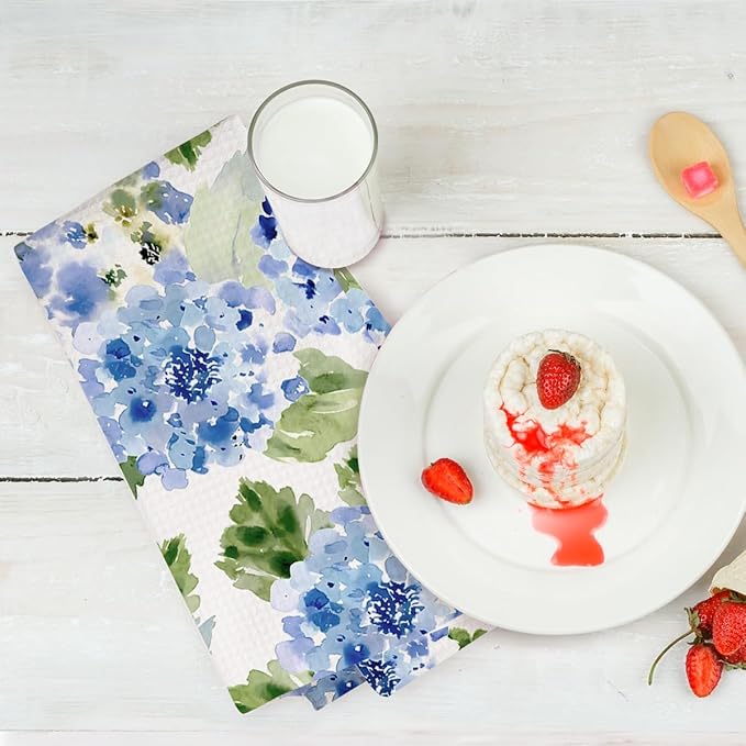 4 Pcs Watercolor Blue Hydrangea Kitchen Towels, Spring Summer Decorative Absorbent Microfiber Dish Cloth Tea Towel, Waffle Soft Hand Towels for Farmhouse Home Kitchen