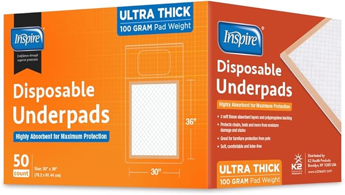 Inspire XL Super Absorbent Bed Pads for Chronic Incontinence 30 x 36 Ultra Thick 100 Grams (50 Count)
