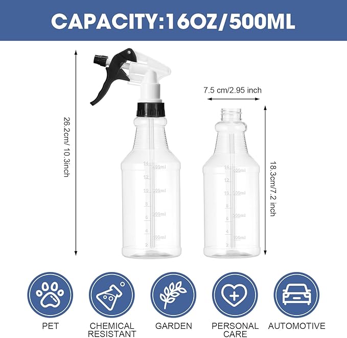 10 Pack Spray Bottles 16 oz Empty Water Spray Bottles for Cleaning Heavy Duty Refillable Squirt ‌container with Measurements Adjustable Nozzle for Household (Black and White,Clear Style)