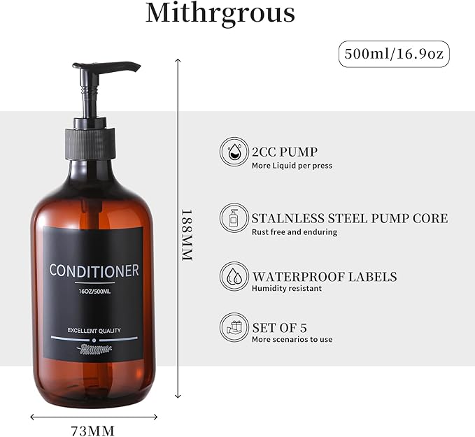 5Pack Amber Shower Bottles Refillable with Labels,16.9oz(500ml) Reusable Shampoo and Conditioner Bottles,Shampoo Dispenser Bottles