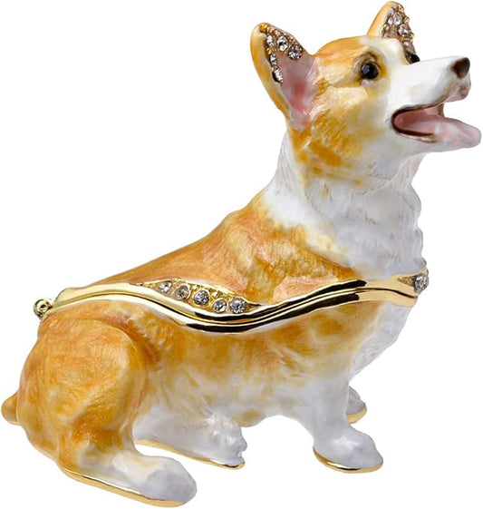 Corgi Trinket Box with Golden Crystal Enamel Design, Elegant Home Decor & Unique Gift for Dog Lovers, Pet Owners, or Special Occasion