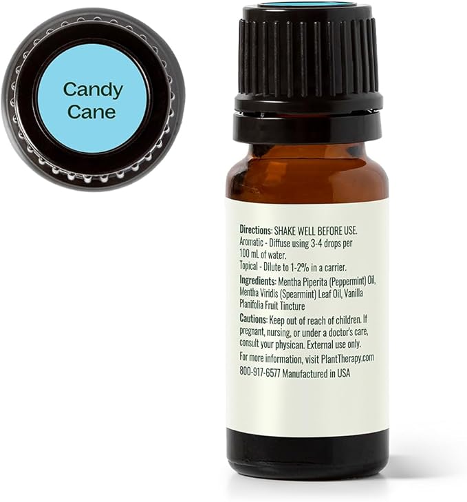 Plant Therapy Candy Cane Holiday Essential Oil Blend 10 mL (1/3 oz) Familiar, Sweet, Minty Aroma, Evokes The Scent of The Traditional Candy Cane, Use Topically, Uplifting and Invigorating Feeling