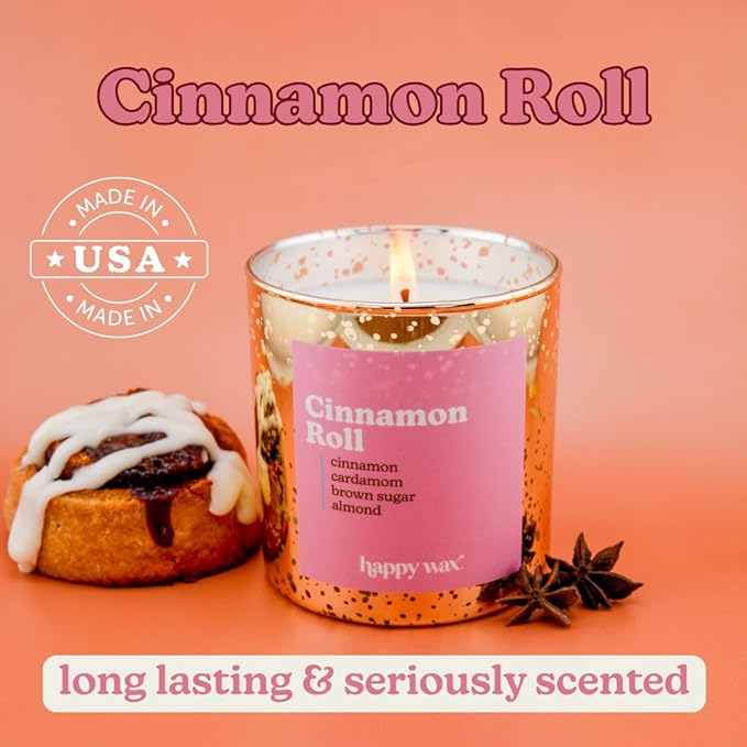 Happy Wax Cinnamon Roll All Natural Soy Wax 1 Wick Premium Scented Candle, Infused with Essential Oils, Long Lasting 30+ Hours of Burn Time