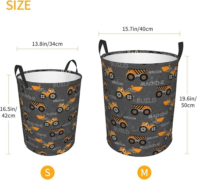 Cute Excavator Engineering Vehicle Laundry Hamper Bag With Waterproof Liner - Round Laundry Basket Foldable Clothes Storage Organizer For Bathroom Bedroom Nursery Dorm, M-19.6"X 15.7"