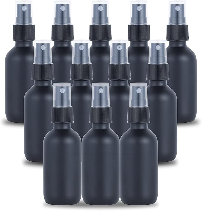 2oz Glass Spray Bottle, Fine Mist Boston Glass Bottles with Black Fine Mist Sprayer Small Clear Bottles for Essential Oils, Bath, Beauty, Hair & Cleaning, Black, Pack of 12