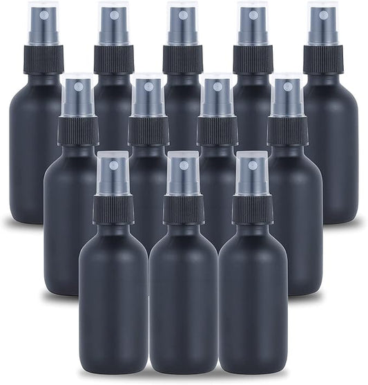 2oz Glass Spray Bottle, Fine Mist Boston Glass Bottles with Black Fine Mist Sprayer Small Clear Bottles for Essential Oils, Bath, Beauty, Hair & Cleaning, Black, Pack of 12