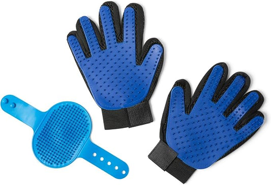 Pet Grooming Glove & Dog Bath Brush Set – Deshedding Gloves for Cats & Dogs + Silicone Scrubber – Grooming Mitts for Bath, Shedding & Massage – Blue