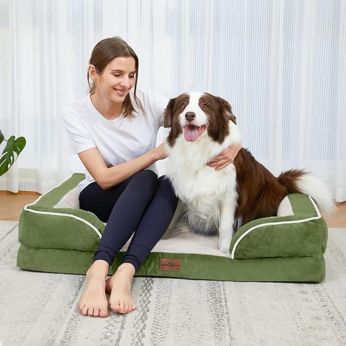 Comfort Expression Orthopedic Dog Bed for Large Dogs 36x27 Inch, Waterproof Supportive Egg Crate Foam Large Pet Bed with Removable Bolster, Dog Couch with Washable Cover & Non-Slip Bottom, Light Green