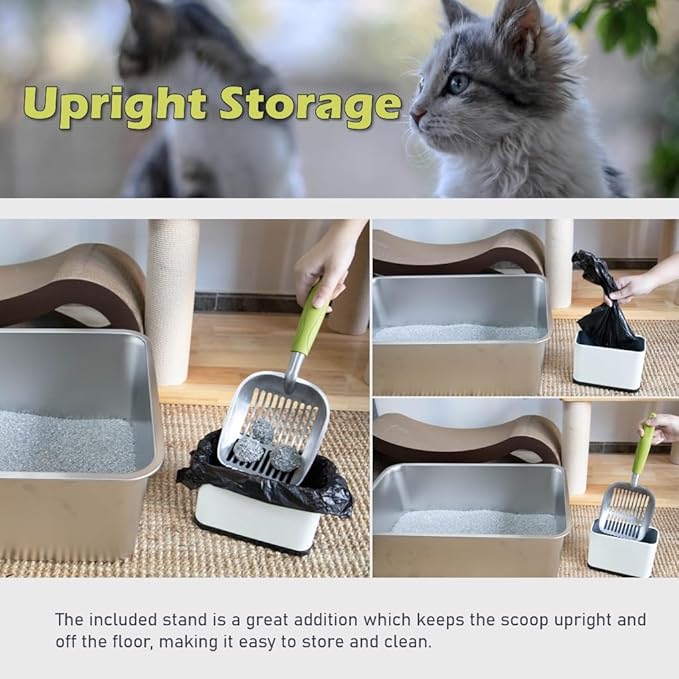 Large Aluminum Cat Litter Scoop with Holder - Heavy Duty Kitty Metal Scooper & Speed Sifter with Comfortable Grip - Stainless Steel Scooper Stand for Cat Litter Box