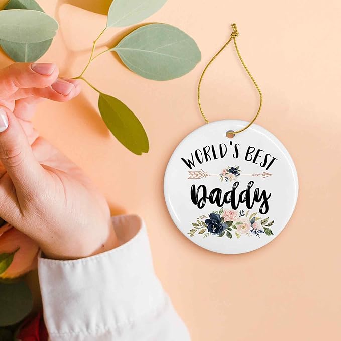 World's Best Daddy Ceramic Ornaments Gifts, Dad Father Papa Round Hanging Ornament Decor Decorations for Christmas Tree Car, Thank You Appreciation Gift for Daddy Birthday Holiday Father's Day