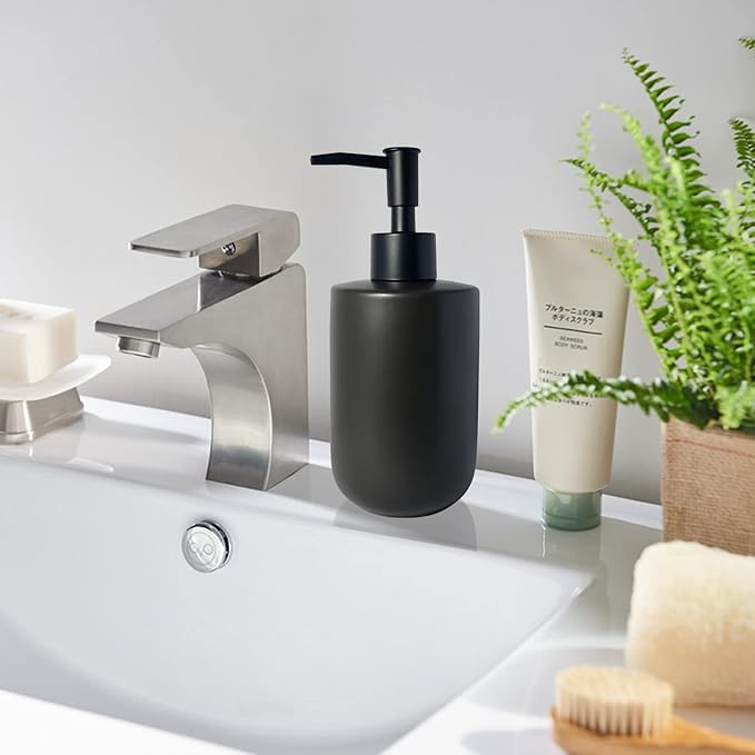 Black Soap Dispenser for Bathroom,Minimalist Modern Design Cylindrical Lotion Dispenser,12oz Ceramic Hand Dish Soap Dispenser,Refillable Liquid Dispenser for Kitchen,Matte Black Pump(Black)