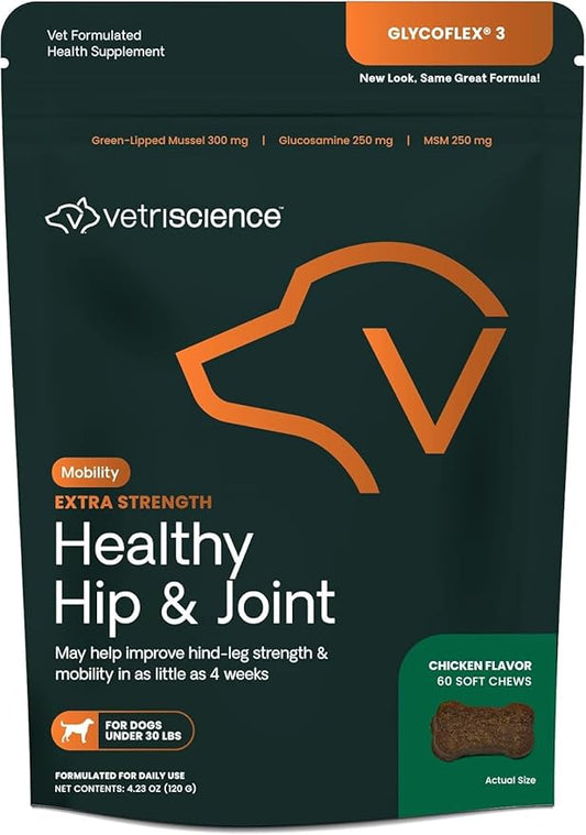 VetriScience Extra Strength Healthy Hip & Joint Chews, GlycoFlex Glucosamine and Green-Lipped Mussel Joint Support Supplement for Small Breed Dogs, Soothe Joint Discomfort, Chicken, 60 Count