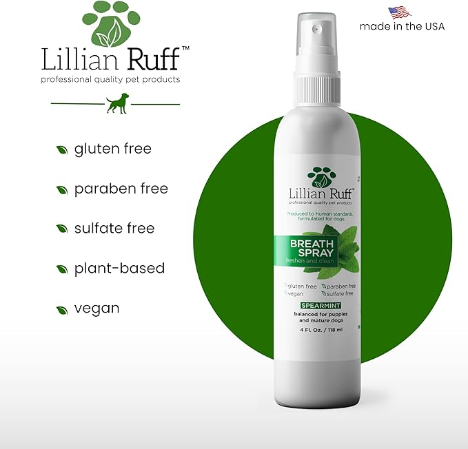 Lillian Ruff Dog Breath Freshener Dental Care Spray - Dog Oral Health Teeth Cleaning Formula Targets Bad Dog Breath, Plaque & Tartar Build-Up, Supports Oral Care, Gum Health & Immune System (4oz)