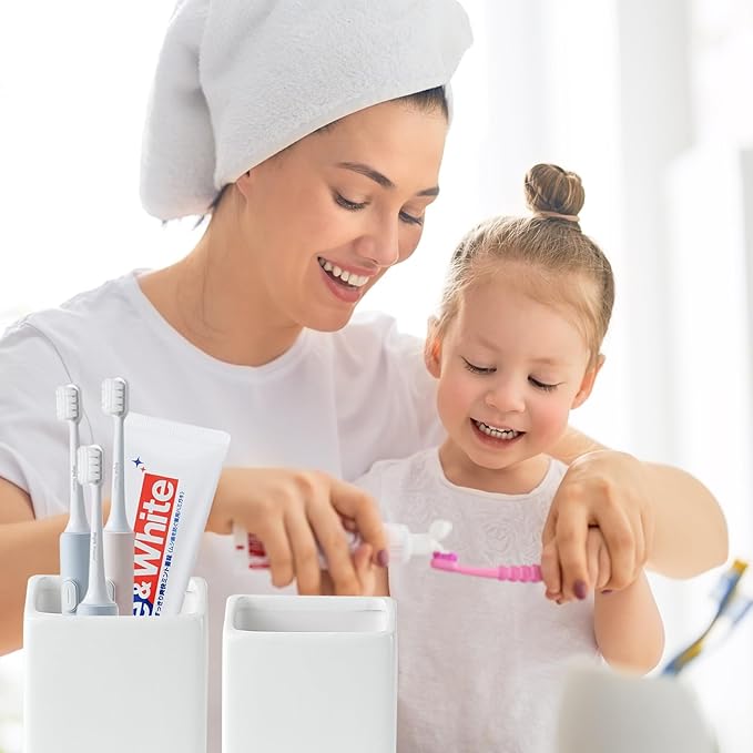 White Ceramic Toothbrush Holder - Square Bathroom Toothbrush Holder, Toothbrush Cup Holder Aesthetic Toothpaste Holder, Modern Family Size Toothbrush Organizer, Bathroom Tumbler Cup