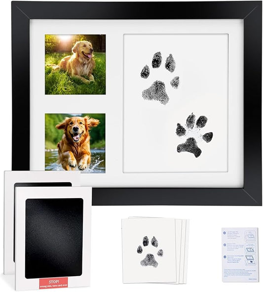 Paw Print Kit for Dogs & Cats, Inkless Pads (2), Reversible Stand/Wall-Mount Frame, Pet Paw Impression Gift Set (Black)