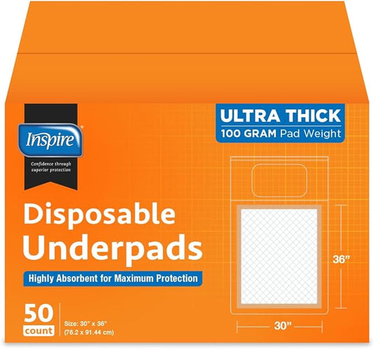Inspire XL Super Absorbent Bed Pads for Chronic Incontinence 30 x 36 Ultra Thick 100 Grams (50 Count)