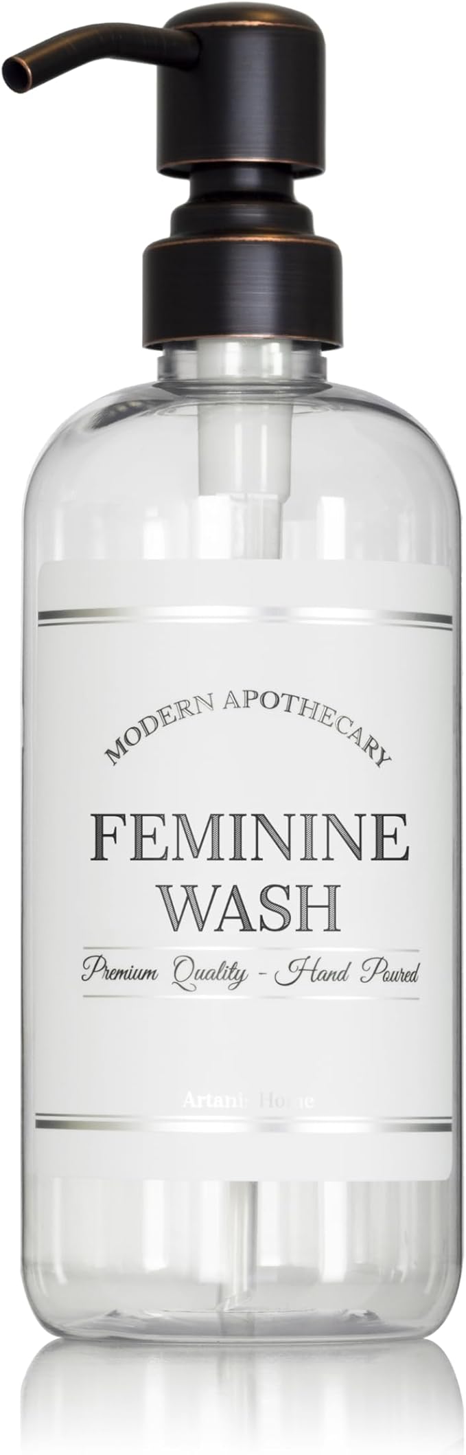 Refillable Clear PET Plastic 16 oz Feminine Wash Bottle with Oil Rubbed Bronze Pump Dispenser - Chrome Accent Waterproof Labeled Bottle